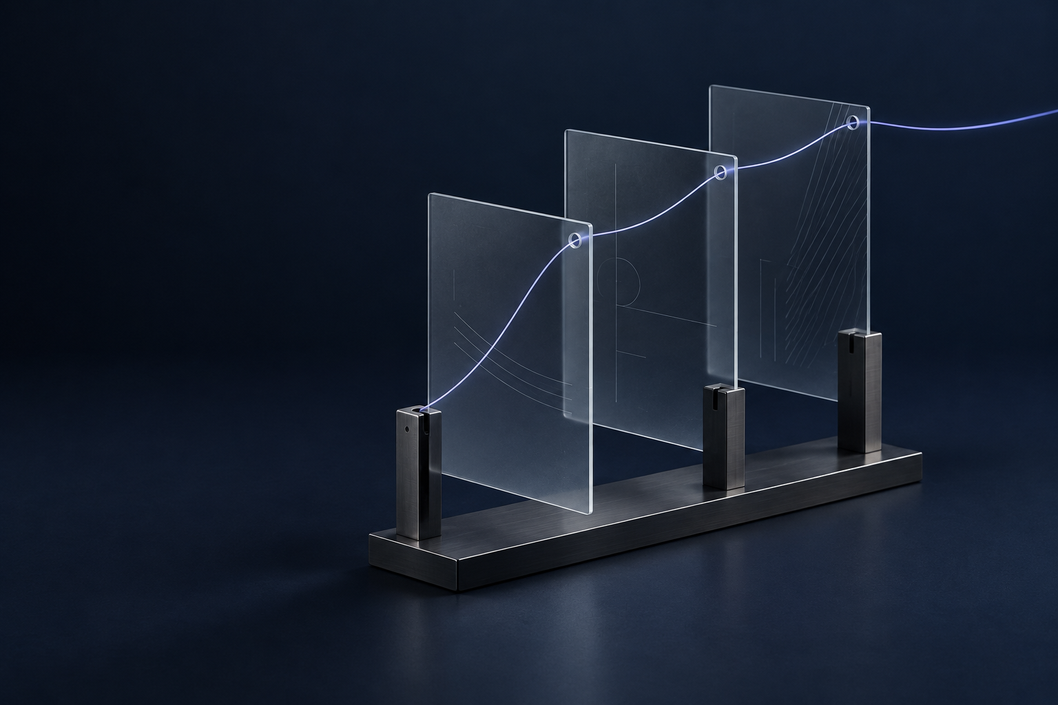 Aynı indigo ışık çizgisinin üç graphite panelden geçmesiyle gösterilen bağlam sürekliliği.